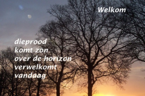 Gedicht, dieprood komt zon over de horizon verwelkomt vandaag