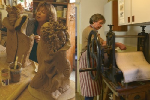 Beeldende kunstenaars bezig met een werk