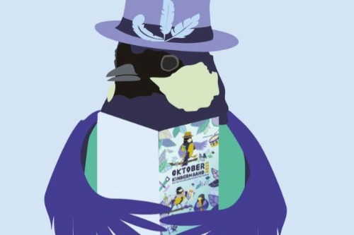 vogel met boekje Oktober Kindermaand in zijn hand