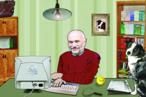 man in rode trui achter bureau met hond