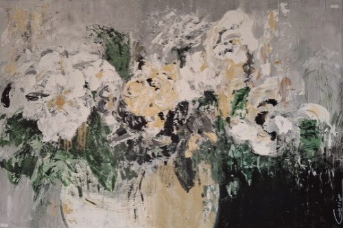 Schilderij van vaas met bloemen gemaakt door Gerrie Kiekebelt